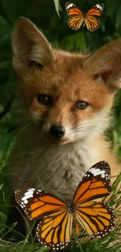 Fox with butterflies in a green forest setting.