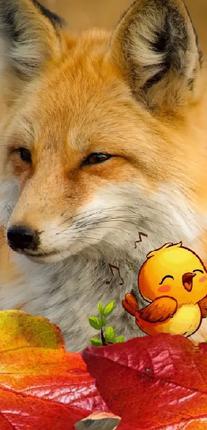 A serene fox and cute chick in an autumn field with vibrant leaves.