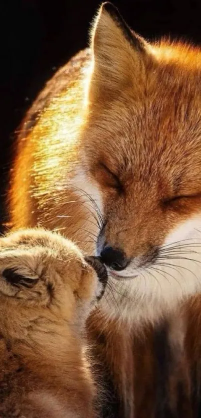 Tender moment of a fox and cub in nature.