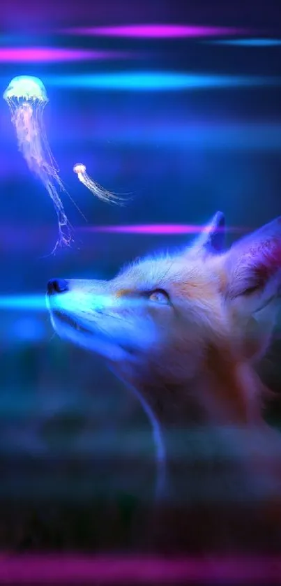 Fox gazes at glowing jellyfish in mystical blue night.