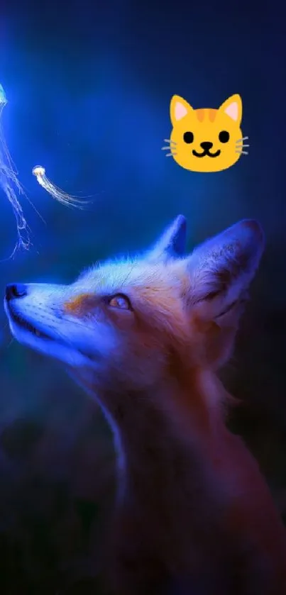 Fox gazes at a glowing jellyfish in a mystical blue night.