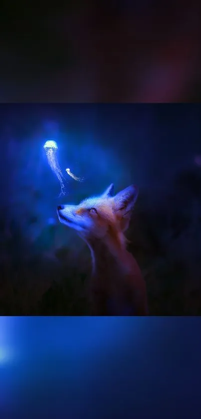 A fox gazes at a glowing jellyfish in a mystical blue night scene.