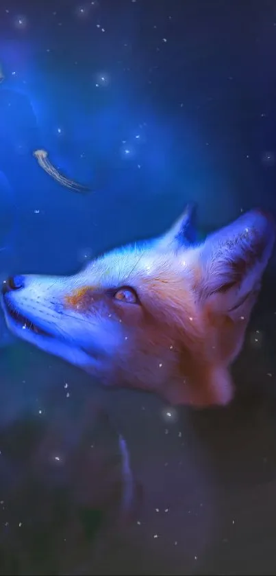 Fantasy fox gazes at glowing jellyfish against a dark blue night sky.