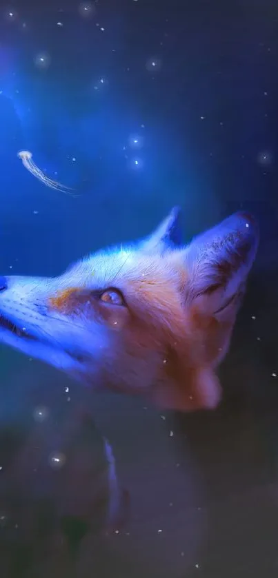 Fox admiring glowing jellyfish in a mystical blue setting.