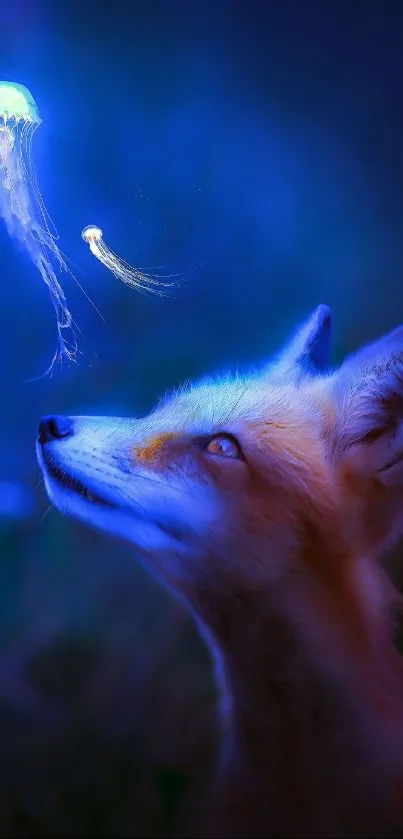 Fox gazing at glowing jellyfish against a deep blue background.