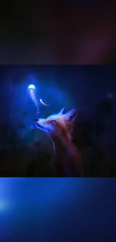 Mystical wallpaper of a fox with a glowing jellyfish.