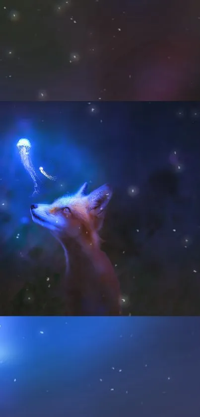 Enchanting wallpaper of a glowing fox and jellyfish under a starry night sky.