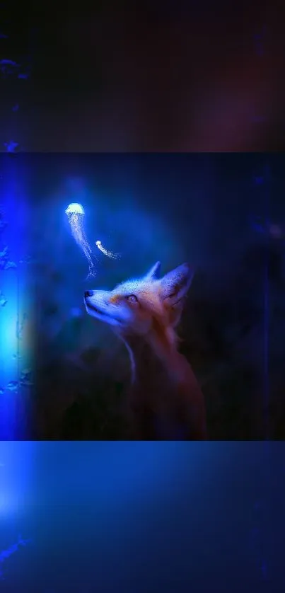 Fox and jellyfish glowing in mystical blue light wallpaper.