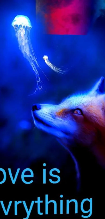 Fox with glowing jellyfish and 'love is everything' text in blue.