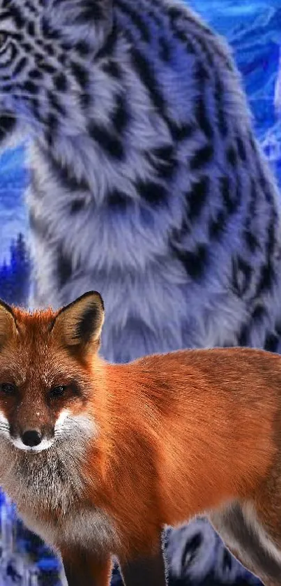 A vibrant red fox with a majestic leopard in a fantasy-themed wallpaper.