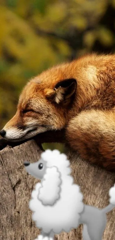 Fox sleeping on wood with cartoon poodle.