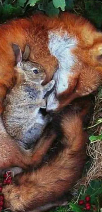 Fox cuddling a rabbit among green leaves and red berries.