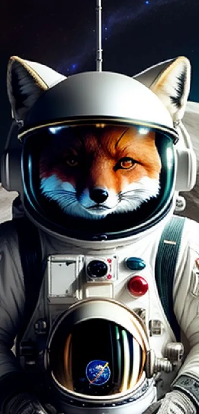 Fox in astronaut suit on the moon with starry space background.