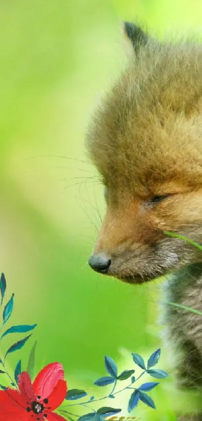 Adorable fox cub in lush green foliage.