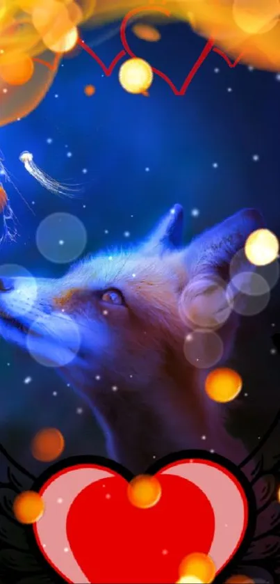 Fox gazing at night sky with glowing orbs and hearts, mystical wallpaper design.