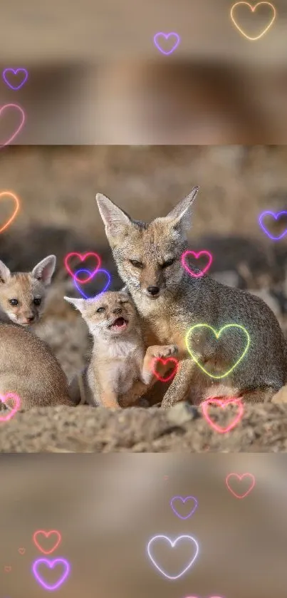 Adorable fox family with colorful heart overlays on a nature background.