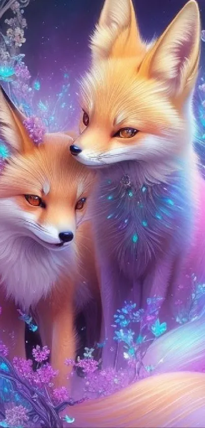 Fantasy wallpaper of two enchanting foxes with purple flowers.