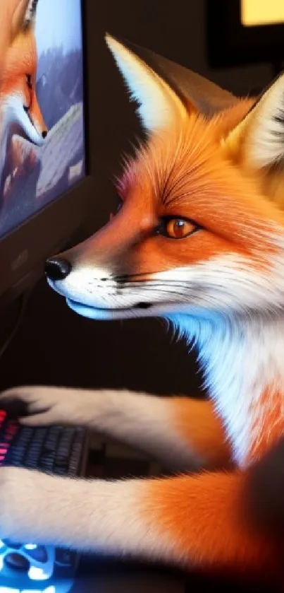 A lifelike fox playing on a gaming computer, highlighted by vibrant orange hues.