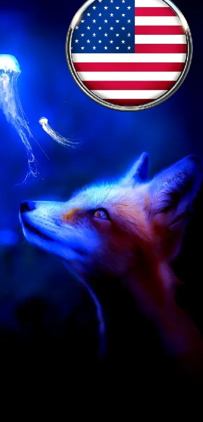 A fox admiring a glowing jellyfish in a blue-themed wallpaper.