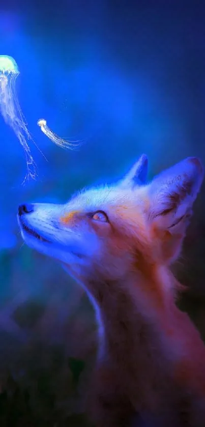 Fox watching a glowing jellyfish in a mystical blue forest wallpaper.