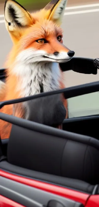 Charming fox driving a red sports car in a playful mobile wallpaper.