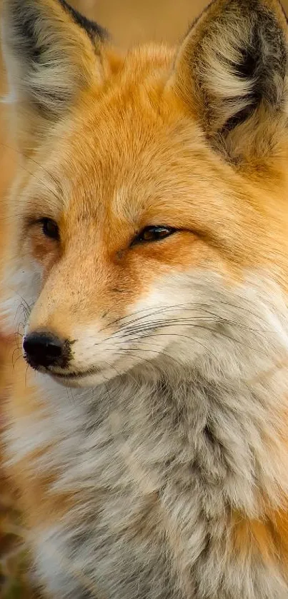 Majestic red fox resting in autumn scenery, with vibrant orange hues.