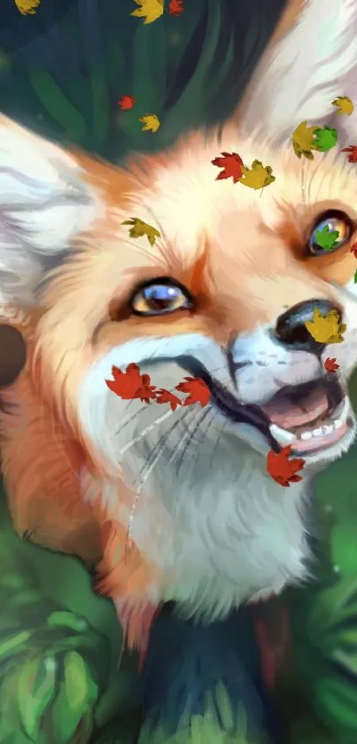 Joyful fox surrounded by autumn leaves in vibrant artwork.