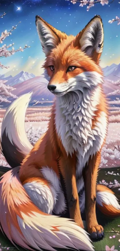 A whimsical fantasy fox resting amid cherry blossoms with mountains in the background.