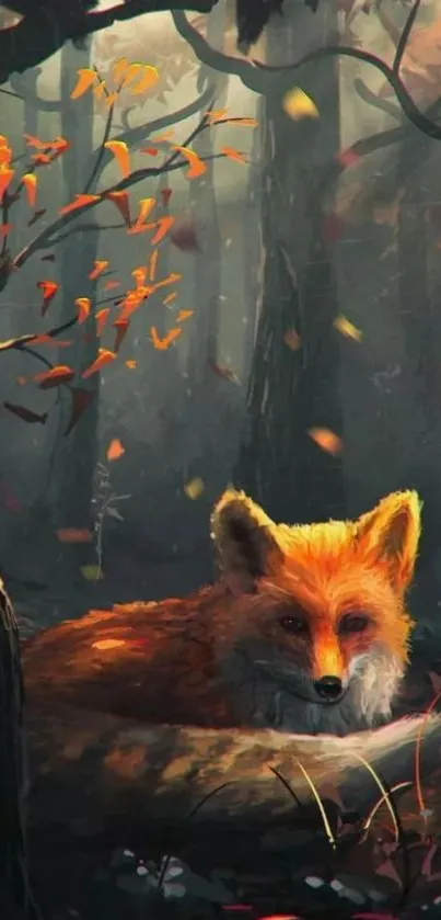 Fox rests in an enchanted autumn forest, surrounded by leaves.