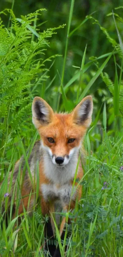 Fox surrounded by lush green foliage in a tranquil forest scene.