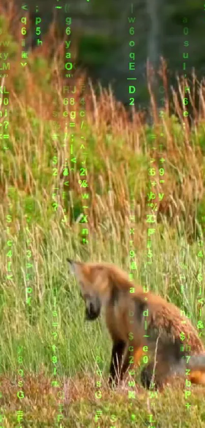 Fox in lush grass with matrix code overlay on wallpaper.