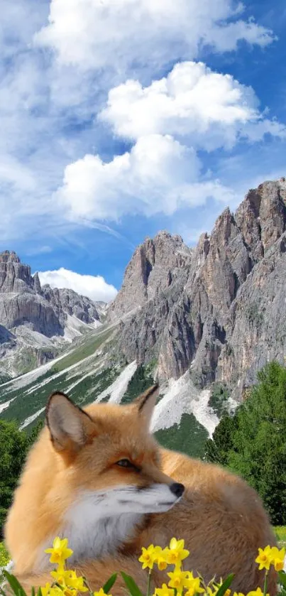 Fox resting in a floral meadow with mountain backdrop.