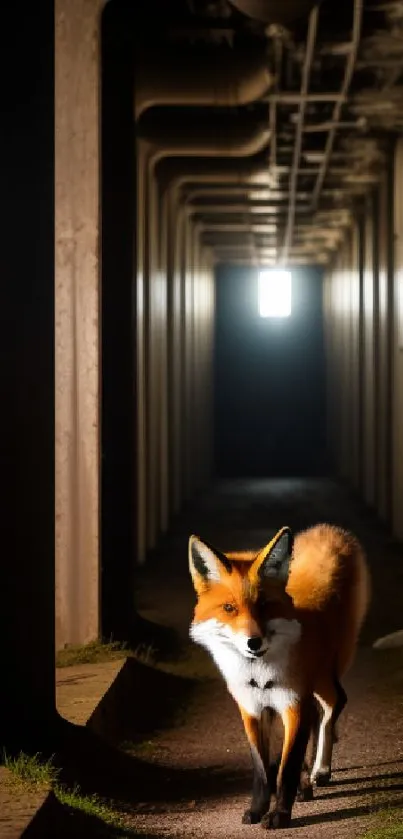 Fox in an industrial corridor with striking lighting.