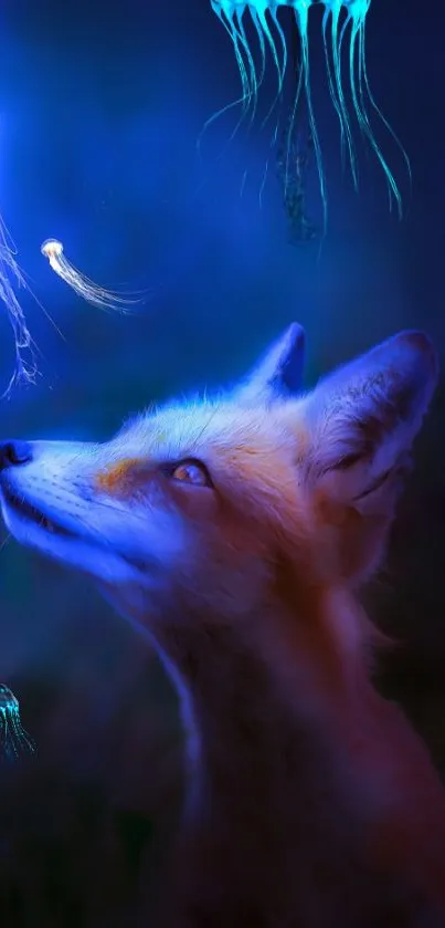 Magical fox with glowing jellyfish in a mystical blue ambiance.