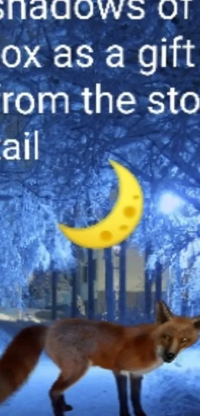 Fox in a snowy blue forest at night with a crescent moon.