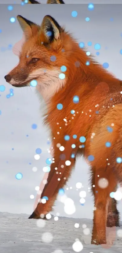 Fox in snowy landscape with geometric overlay.