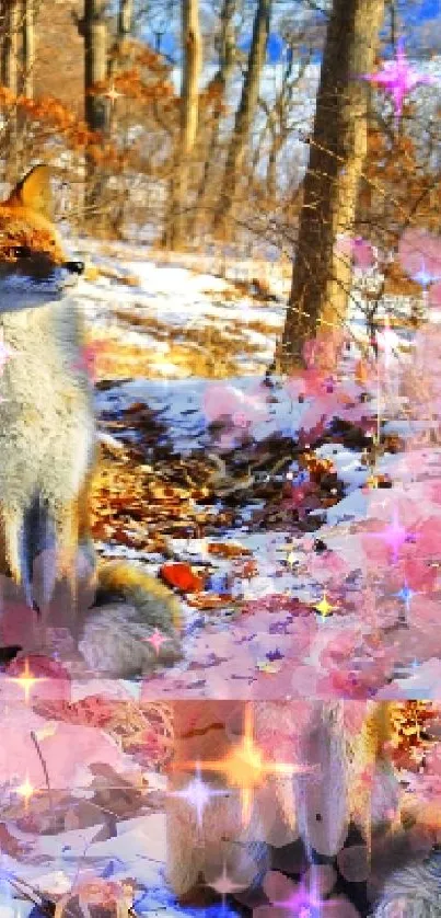 A fox in a wintery forest with colorful flowers.