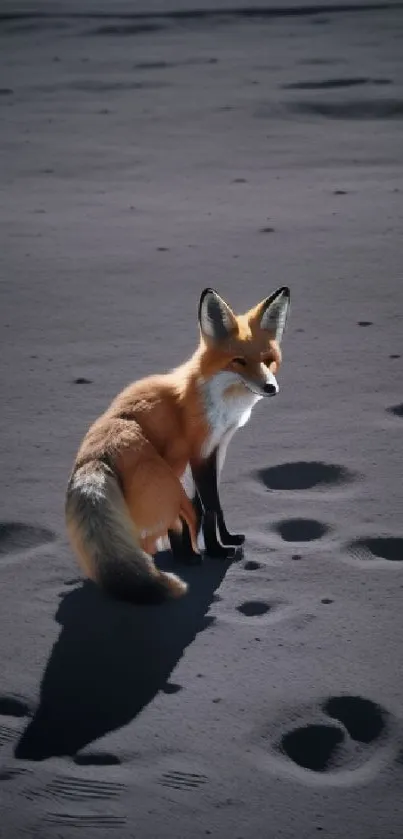 Elegant fox on dark sand, minimalistic wildlife wallpaper.