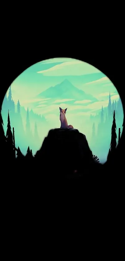 Serene wallpaper of a fox sitting on a mountain with teal sky and forest background.