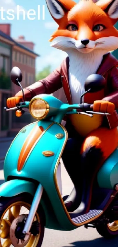 Fox character riding a vintage scooter in a colorful city setting.