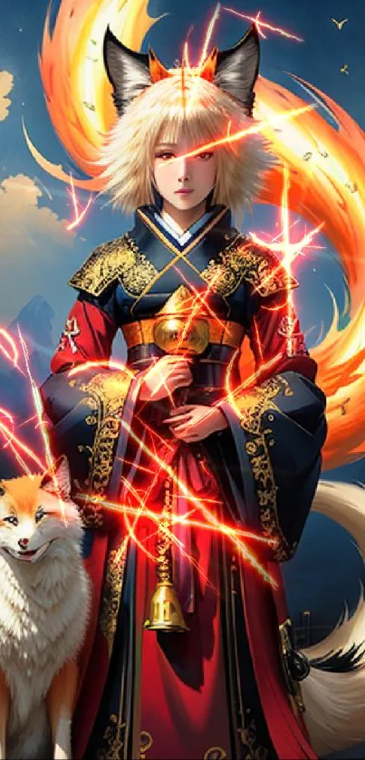 Fantasy fox spirit with fiery tails in traditional attire.