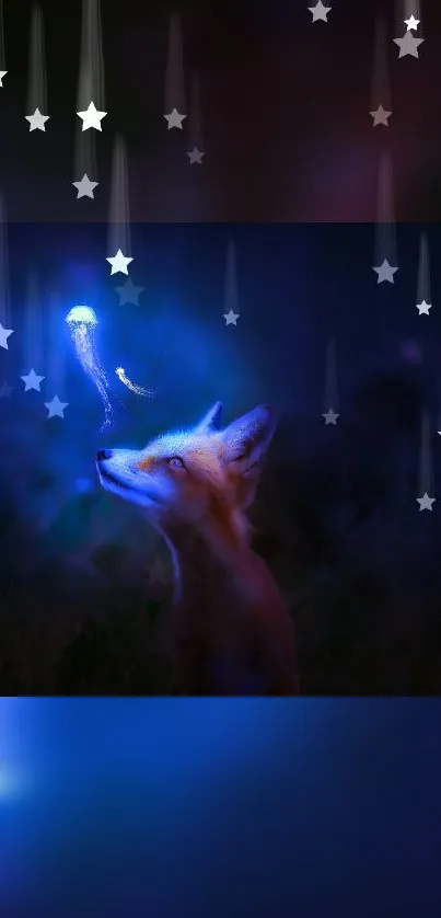 Fox under a starry night sky with glowing ambiance.