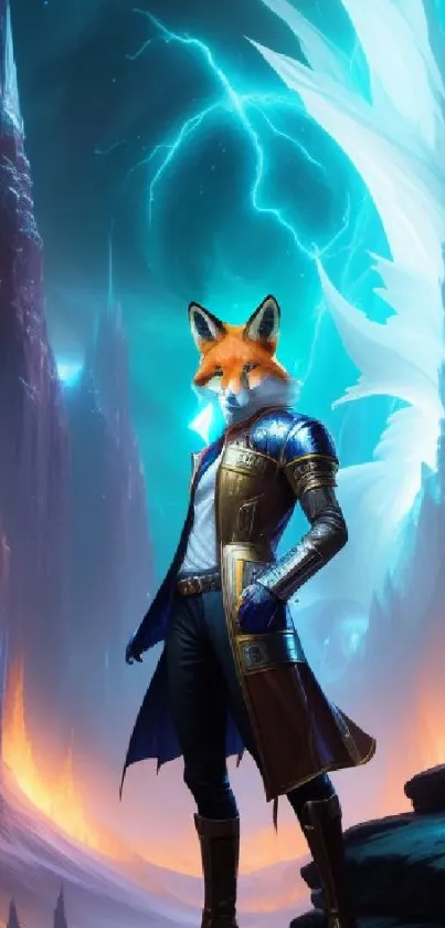 Fox warrior stands in a mystical fantasy landscape.