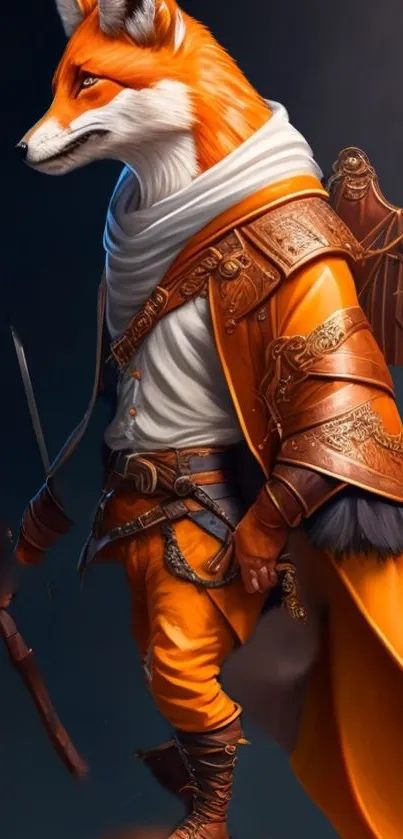 Illustrated fox warrior in orange cape for mobile wallpaper.