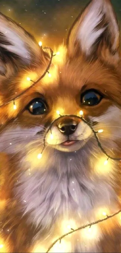 Cute fox surrounded by glowing fairy lights, creating a warm and enchanting scene.