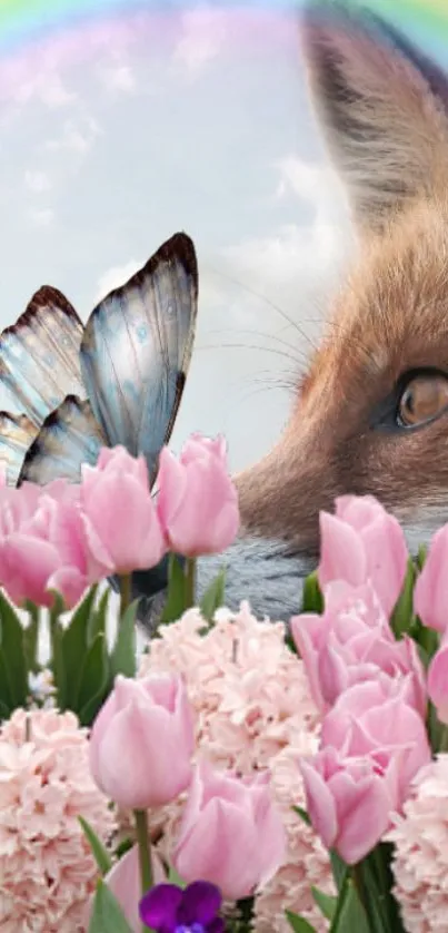 Fox and butterfly with flowers under a rainbow on mobile wallpaper.