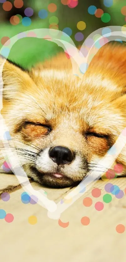 Sleeping fox with heart overlay in nature.