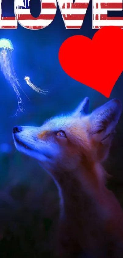 Fox admiring a glowing jellyfish under the word LOVE in a blue night scene.