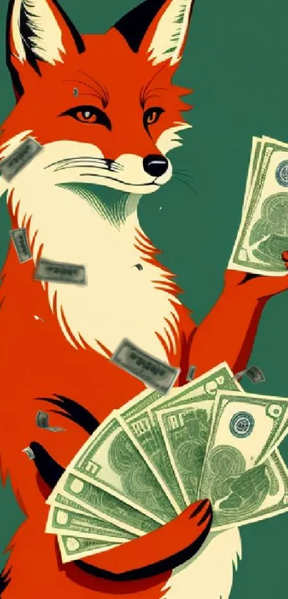 Artistic fox holding money on green background wallpaper.