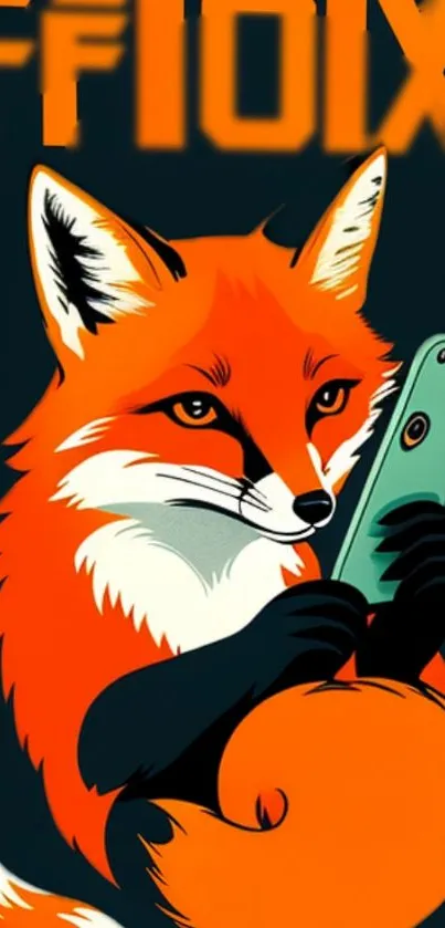 Illustrated fox holding a smartphone with vibrant orange hues.